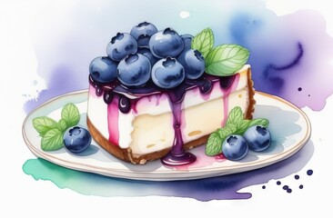 Piece of cheesecake with blueberries and mint in watercolor style - 790737580
