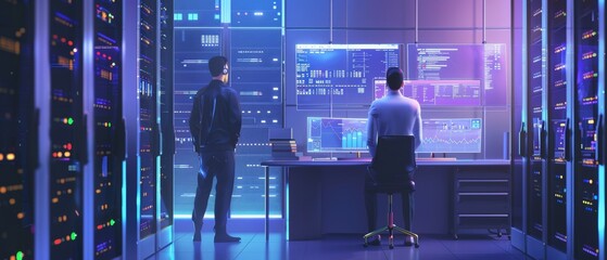 Using a desktop computer display, two IT programmers discuss blockchain data network architecture design. Working with a data center technical department with server racks.