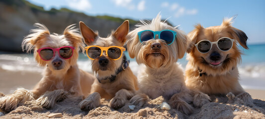 A Pack of Stylish Dogs Wearing Sunglasses on a Sunny Beach Day