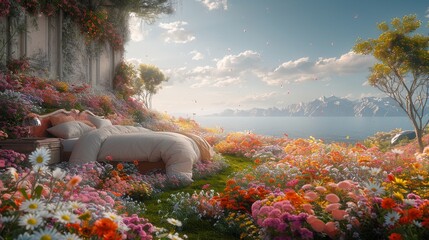 A bed is surrounded by a field of flowers and a body of water