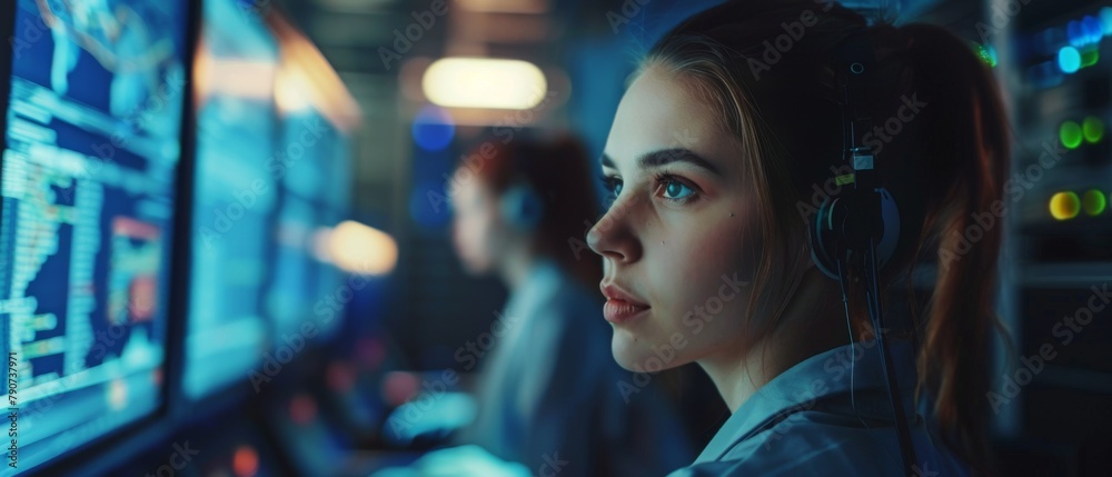 Poster an it professional working on a desktop computer in a data center's control room. a team of young pr