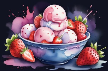 Strawberry ice cream in bowl on dark background - 790737954