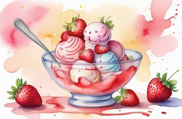 Strawberry ice cream in bowl, watercolor style - 790738142
