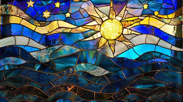 stained glass depicting waves and sun rays with glittering stars in the sky, The stained glass features pearl iridescent colors
