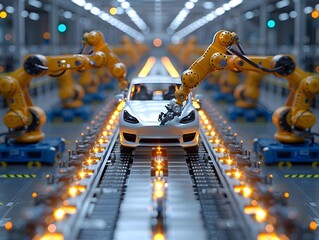 Automated Electric Car Factory Floor Showcasing Robotic Precision and Futuristic Manufacturing