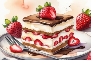 Tiramisu with strawberries in watercolor style - 790738346