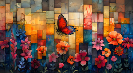 Abstract Garden Mosaic: Watercolor Scene Transforms Nature into Cubist Complexity - obrazy, fototapety, plakaty