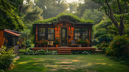 A tiny house, with lush greenery as the background, during a vibrant spring morning