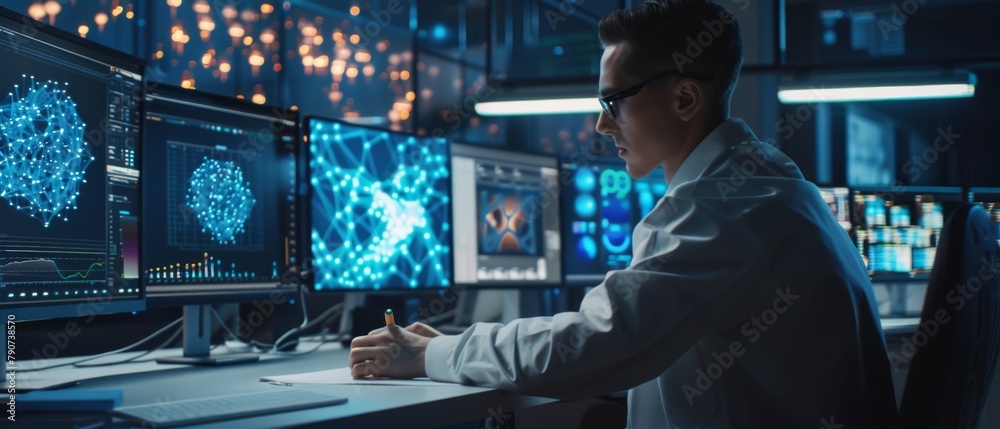 Poster the office is filled with displays showing 3d representations of neural networks created by a handso