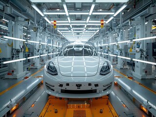 Cutting Edge Electric Car Production in a Futuristic Factory Floor with Precision Robotic Automation and Mirrored Reflections