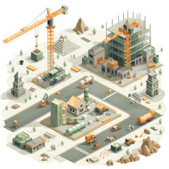 Detailed Illustration of a Bustling Construction Site and Urban Development