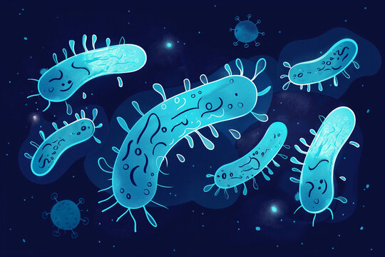 illustration of a prokaryotic microorganism, parasite bacteria, bacillus or bacterium and virus under the microscope, epidemiology, public health concept