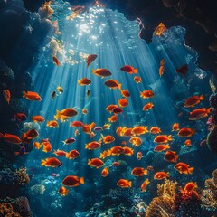 Fototapeta na wymiar Sunlight Filtering Through Vibrant Coral Reef with Shimmering School of Fish in Deep Blue Ocean Ecosystem