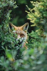 Naklejka premium Curious Fox Peeking Out From Bush