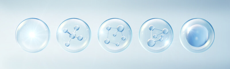 Blue molecule inside bubble, Collagen serum, cosmetic liquid, oil bubble, with clipping path 3d illustration.