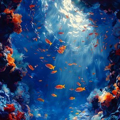 Fototapeta na wymiar Ethereal Underwater Seascape with Sunlit Coral Reef and Drifting School of Fish