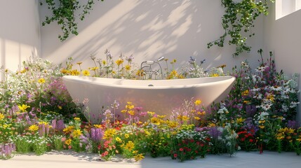 A bathtub is surrounded by a lush green garden of flowers