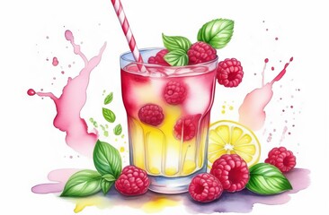Lemonade with raspberries and basil in glass, watercolor style - 790738775