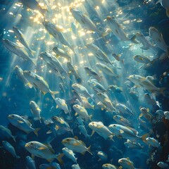 Fototapeta na wymiar Underwater Sunlit Sanctuary A Whimsical School of Expressive Anthropomorphic Fish Basking in Ethereal Radiance