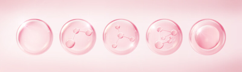 Pink molecule inside bubble, Collagen serum, cosmetic liquid, oil bubble, with clipping path 3d illustration.