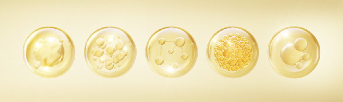 Molecule inside Oil bubble, cosmetic oil essene, oil serum for skincare with clipping path 3d illustration.