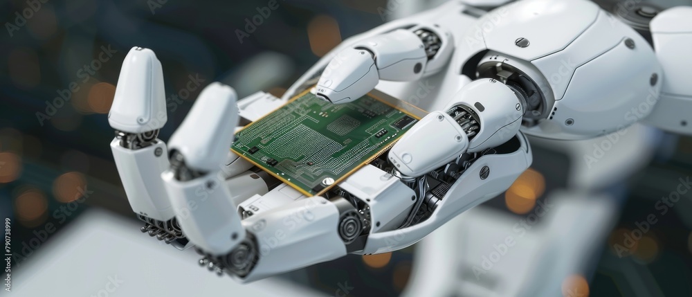 Poster authentic robot arm with supercomputer processor. industrial robot manipulator end effector holding 