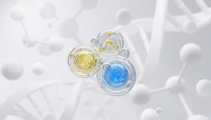 Cosmetic Essence, Liquid bubble, Molecule inside Liquid Bubble on DNA water splash background, 3d rendering