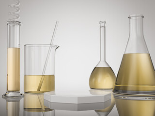 Cosmetic podium display with glass flask and cylinder equipment in medical science lab background, 3d rendering