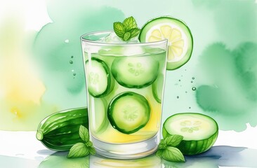 Lemonade with cucumber and mint in watercolor style - 790738954