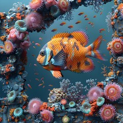 Obraz premium Solitary Angelfish Amid Vibrant Coral Reef and Shipwreck Sanctuary