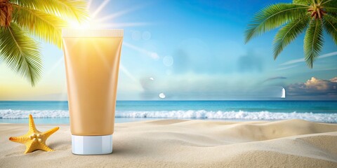 Fototapeta na wymiar 3d summer sunscreen tube ad banner. Illustration of sunblock product display on round podium at hot beach sand