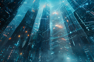 Obraz premium A sleek, futuristic cityscape with shimmering skyscrapers reaching towards a digital sky for technology background