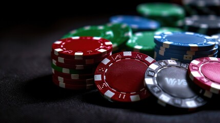 Chips on a dark background displaying poker elements for an online casino sign