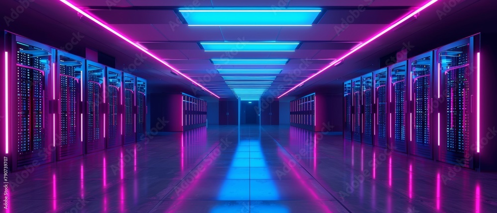 Poster an illustration depicting a data center with multiple rows of fully functional servers. concept of t