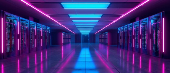 Fototapeta premium An illustration depicting a data center with multiple rows of fully functional servers. Concept of telecommunications, artificial intelligence, and supercomputers.
