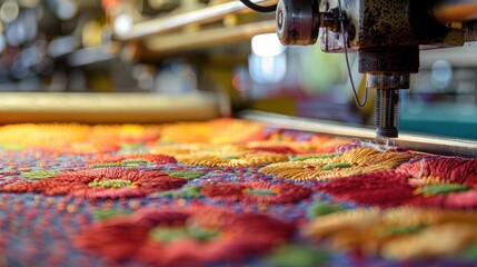 fabric embroidered on a machine in an embroidery and printing factory - obrazy, fototapety, plakaty