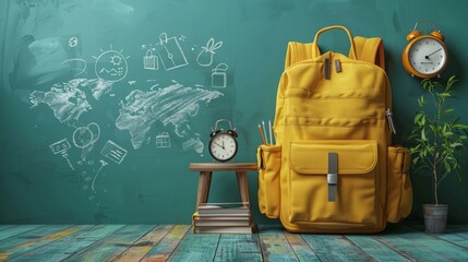 A yellow backpack, books and an alarm clock on the left side with school icons drawn in white chalk behind them on a green background, in the flat lay photography style, stock photo