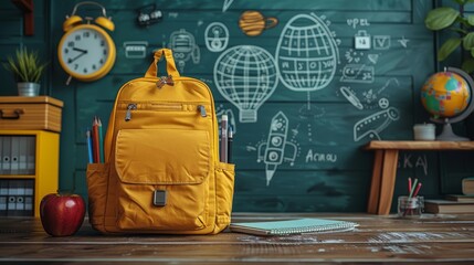 A yellow backpack, books and pencil sit in front of a green background with school icons drawn on it. A red apple sits next to the yellow bag while an alarm clock is placed beside that along with 