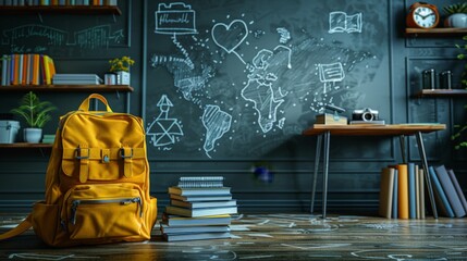 A yellow backpack, books and an alarm clock on the left side with school icons drawn in white chalk behind them on a green background, in the flat lay photography style, stock photo, banner 