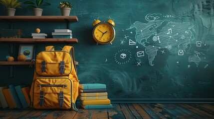 A yellow backpack, books and an alarm clock on the left side with school icons drawn in white chalk behind them on a green background, in the flat lay photography style, stock photo