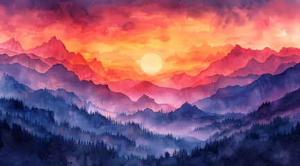 Vivid Vista: Fauvist Watercolor Portrait of Majestic Mountains Aglow in Sunset Splendor - obrazy, fototapety, plakaty