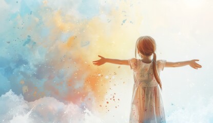 A little girl stands with her arms outstretched, facing the sky in front of watercolor splashes. The background is white and there is an ethereal mist around it. She has long brown hair tied back