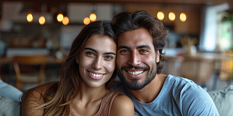 A romantic, laughing couple embraces outdoors, capturing joyful moments in a cozy dining room.