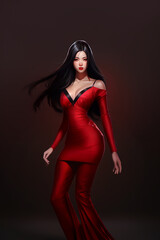 Red-dressed Model Poses with Elegance and Sensuality