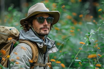 Fototapeta premium A positive and active traveler treks through the forest, sporting sunglasses and a hat.