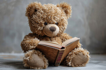 A curious teddy bear sits among books, encouraging learning and education in a cozy setting.