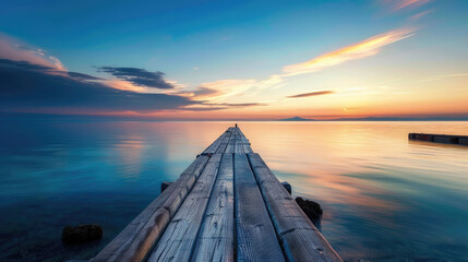 Wooden pier on the sea at sunset with beautiful sky, a long wooden path leads into the distance over the calm water