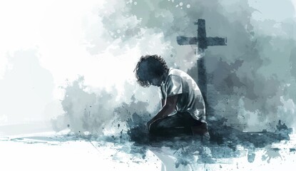 A man kneeling in prayer with the cross behind him, on a white background, in a soft watercolor style, with a dreamy atmosphere, and detailed character design, primarily in white and gray