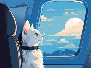 Cat sitting on airplane chair near window. Travel with cat concept vector illustration. Cat in business class of passenger plane