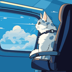 Cat sitting on airplane chair near window. Travel with cat concept vector illustration. Cat in business class of passenger plane